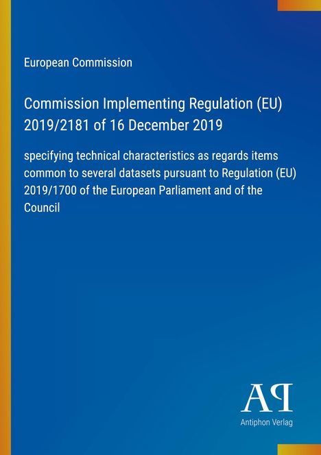 Text über EU-Verordnung von 2019, techn. Spezifikationen für Datensätze. Blauer Hintergrund, unten rechts Logo von "Antiphon Verlag".