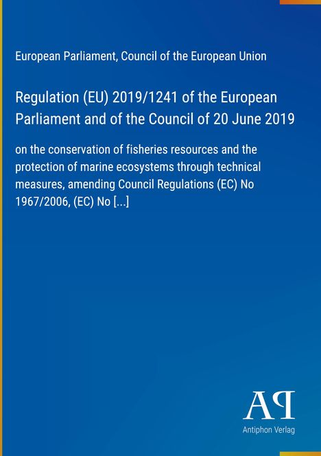 Regulation (EU) 2019/1241 zum Schutz der Fischereiressourcen, marine Ökosysteme. Blau mit gelbem Rand. Logo "AQ".