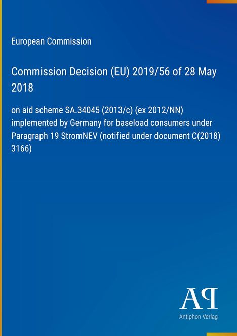 Ein blauer Hintergrund mit Text über eine Entscheidung der Europäischen Kommission. Unten rechts ein Verlag-Logo.