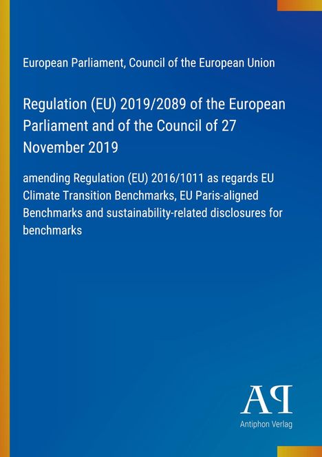 Text zum EU-Bericht über Klimabenchmarks auf blauem Hintergrund, rechts unten ein weißes Logo mit "ΑΡ" und "Antiphon Verlag".