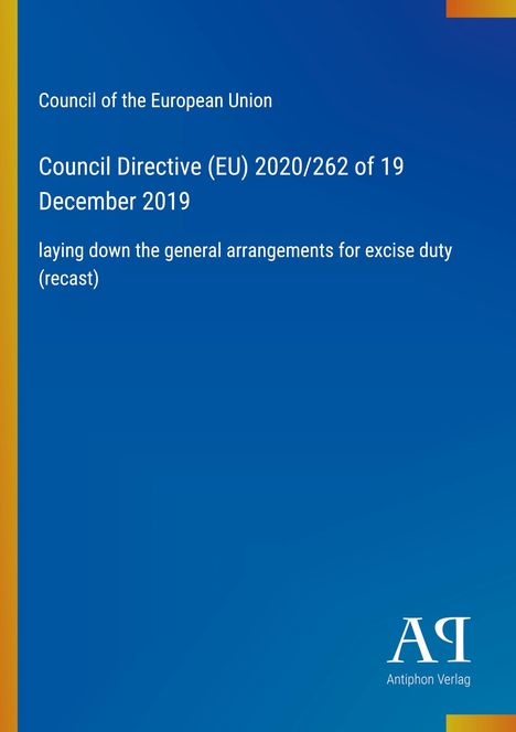 Council Directive (EU) 2020/262 des Rates der EU, mit blauem Hintergrund und farbigen Streifen. Logo unten rechts.