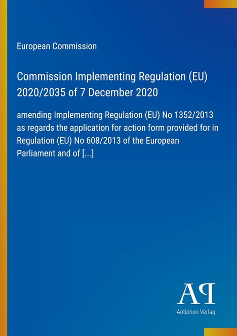 „European Commission“, Titel und Beschreibung zu EU-Regulierung auf blauem Hintergrund, unten rechts Verlagslogo.