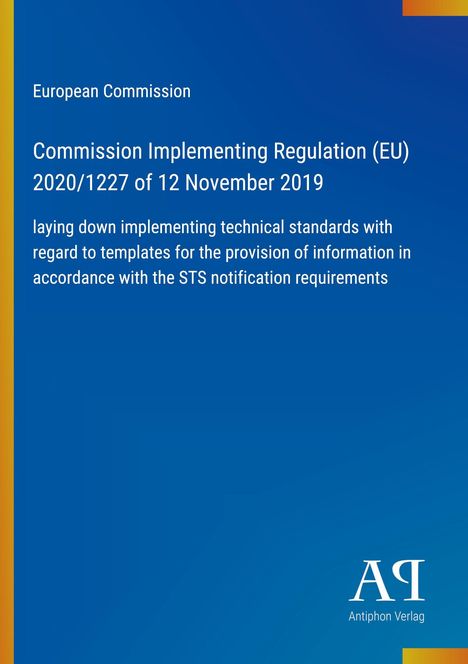 Text: "Commission Implementing Regulation (EU) 2020/1227 of 12 November 2019" oben in weiß auf blauem Hintergrund.