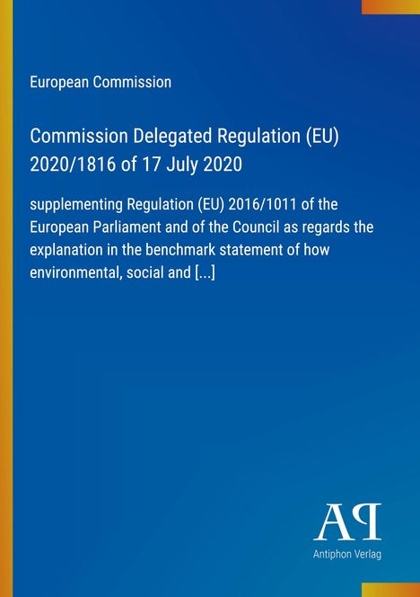 Text: European Commission, Commission Delegated Regulation (EU) 2020/1816 of 17 July 2020. Blau mit gelbem Streifen.