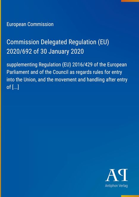Text über EU-Verordnung und Ergänzung. Europäische Kommission erwähnt. Blaues Layout mit Verlagssymbol unten rechts.