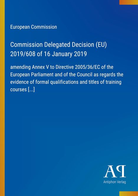 Ein blauer Hintergrund mit weißen Texten zur EU-Kommission und einer Entscheidung, plus Verlag-Logo unten rechts.