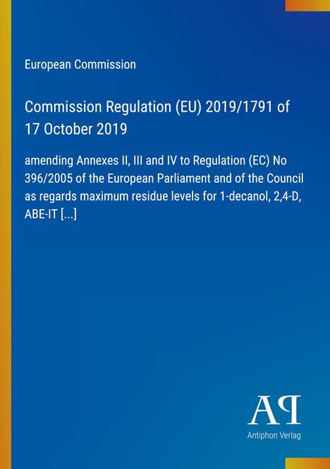 Text: "European Commission, Commission Regulation (EU) 2019/1791 of 17 October 2019." Blau mit orangem Streifen links.