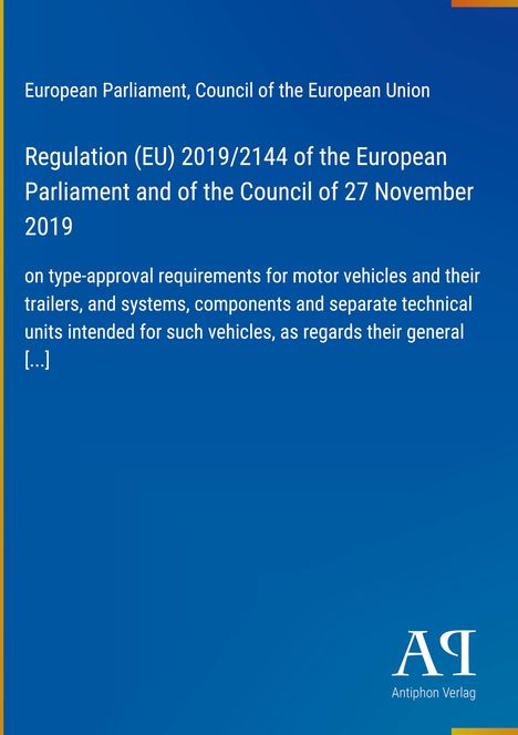 Regulation (EU) 2019/2144 über Typgenehmigung für Kraftfahrzeuge. Oben Text, am unteren Rand ein Verlag-Logo.