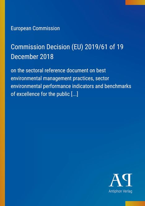 Text über Entscheidung der EU-Kommission zu Umweltmanagement. Blau mit gelbem Streifen und kleinem Logo unten rechts.
