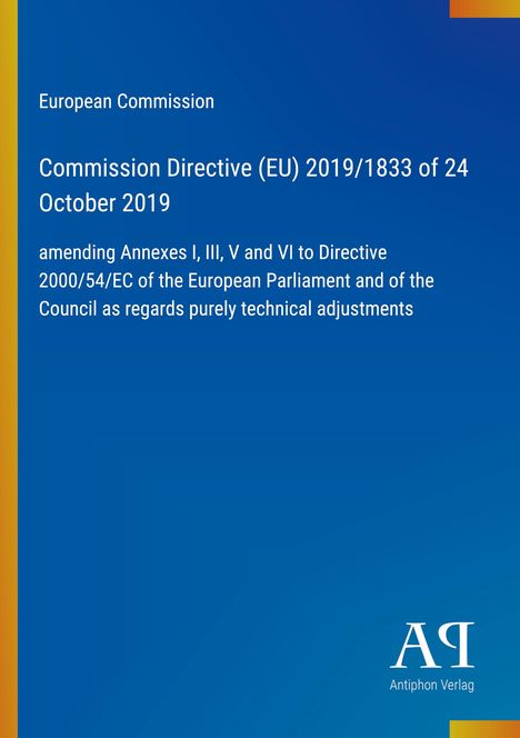 Text über EU Richtlinie und Anpassung. Europäische Kommission erwähnt. Blaues Layout mit Verlag-Logo unten rechts.