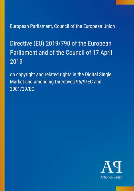 Directive (EU) 2019/790, European Parliament, blue Hintergrund, senkrechter gelber Streifen links, AQ Logo unten rechts.
