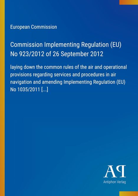 Text über EU-Regularien in Luftfahrt, blaues Cover, gelbe Akzentlinien, weißer Text. Verlagsname unten rechts.