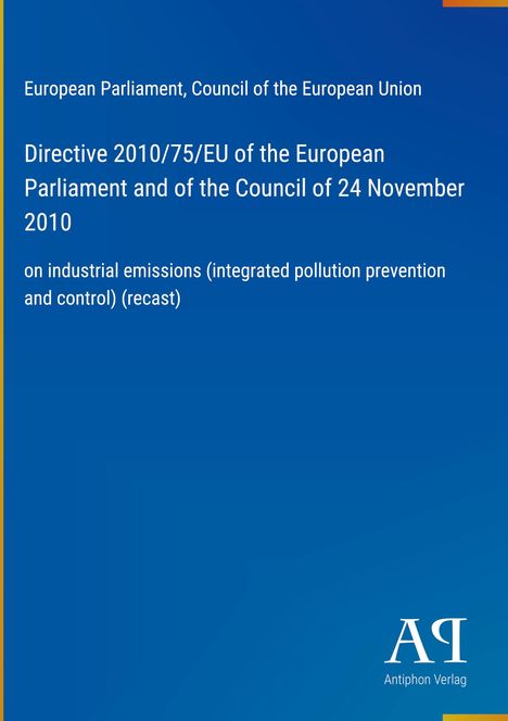 Text: "Directive 2010/75/EU of the European Parliament..." Logo unten rechts, blauer Hintergrund.