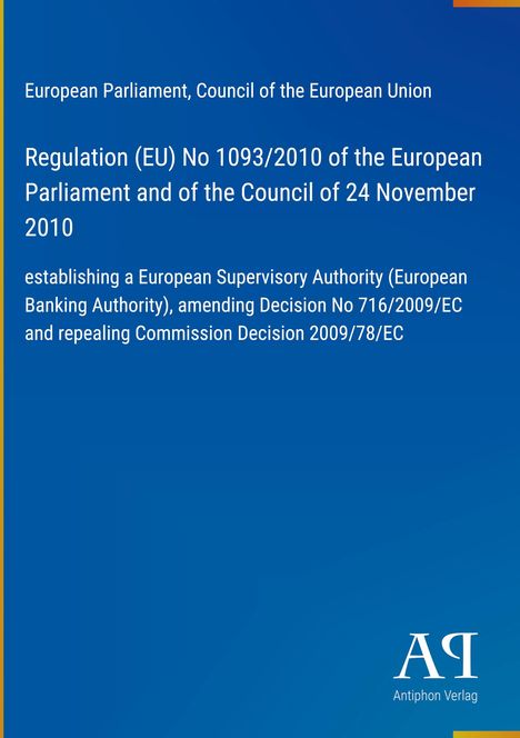 Regulation (EU) No 1093/2010, Establishing European Banking Authority; blauer Hintergrund mit gelbem Rand, Logo unten.