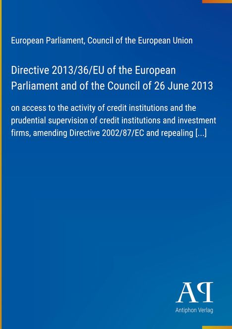 Text: Directive 2013/36/EU of the European Parliament. Blauer Hintergrund mit weißem Text und Logo unten rechts.