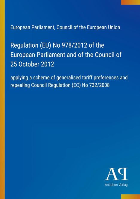 Text: "Regulation (EU) No 978/2012...". Hintergrund: Blauer Verlauf mit gelber Kante links und rechteckigen Farbakzenten.