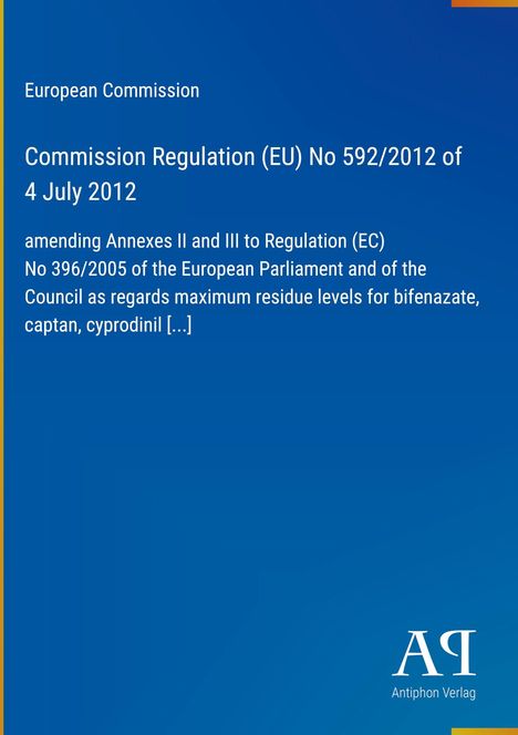 Text beschreibt EU-Verordnung, Residues von Pestiziden betreffend. Unten rechts Logo des Antiphon Verlags. Blauer Hintergrund.