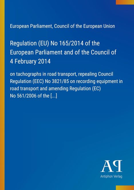 Text über Verordnung (EU) Nr. 165/2014 des Europäischen Parlaments zu Fahrtenschreibern in der Verkehr. Blau mit Logo unten.