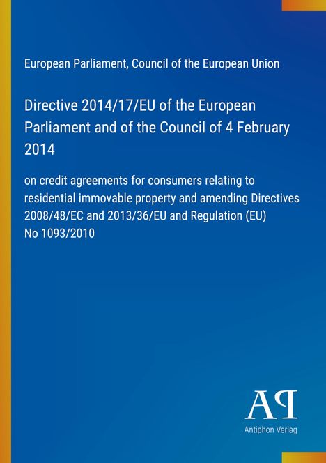 Titel: "Directive 2014/17/EU of the European Parliament". Blaues Cover mit gelben Akzenten links, Verlagssymbol unten.