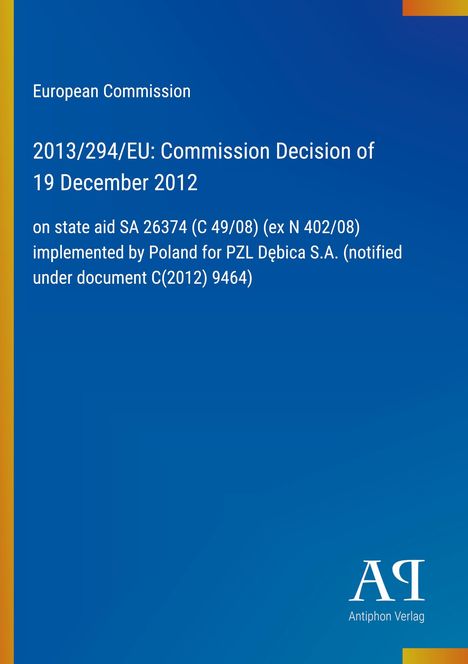 Text der Europäischen Kommission über staatliche Beihilfen in Polen; blauer Hintergrund mit gelbem Rand und Logo.
