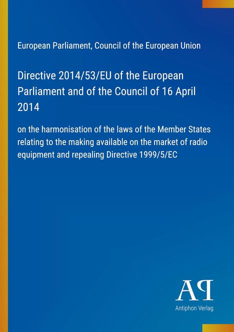 "Directive 2014/53/EU" und "Antiphon Verlag" auf blauem Hintergrund mit gelbem Rand und minimalistischem Design.