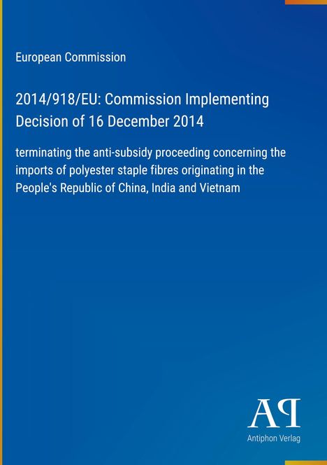 Text über EU-Entscheidung 2014 zur Beendigung eines Antisubventionsverfahrens, blauer Hintergrund, Verlag-Logo.