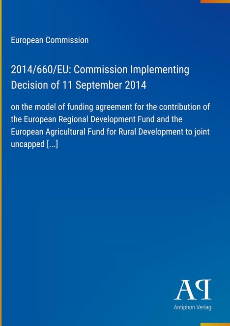 Text über EU-Entscheidung 2014/660/EU. Blaues Layout, gelber Rand, europäische Themen, Verlagsinfo unten.