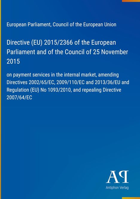 Text: Directive (EU) 2015/2366, European payments, amending directives. Blaues Cover mit gelbem Streifen links. Logo: "ΑΓ".