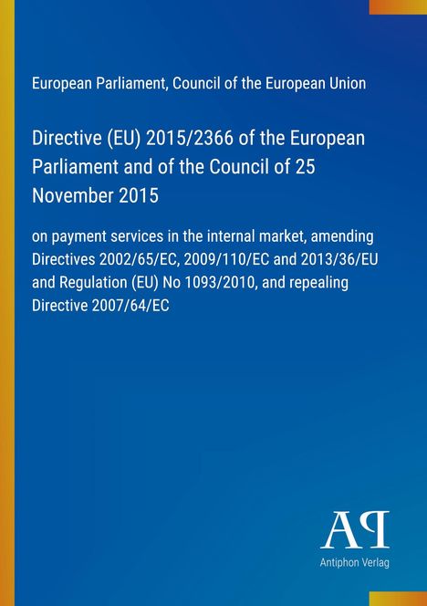 Text: "Directive (EU) 2015/2366... Parliament 25 November 2015..." Blaues Cover, gelber Rand, unten rechts Verlagslogo.