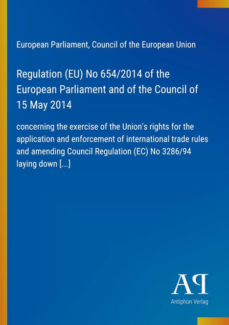 Text über EU-Verordnung. Blaues Cover, vertikale gelbe Linie links, weißer Text "AP" und "Antiphon Verlag" unten rechts.