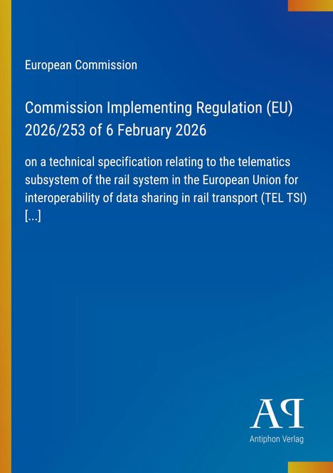 Text über EU-Verordnung zur Telematik im Bahnsystem. Logo unten rechts. Hintergrund in Blau mit gelbem Rand.