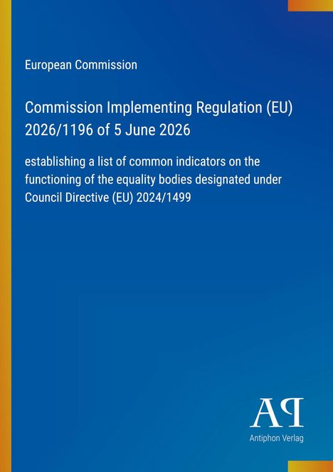 Der Text beschreibt eine EU-Kommissionsverordnung zur Gleichstellung. Marineblauer Hintergrund mit einem Verlagslogo.
