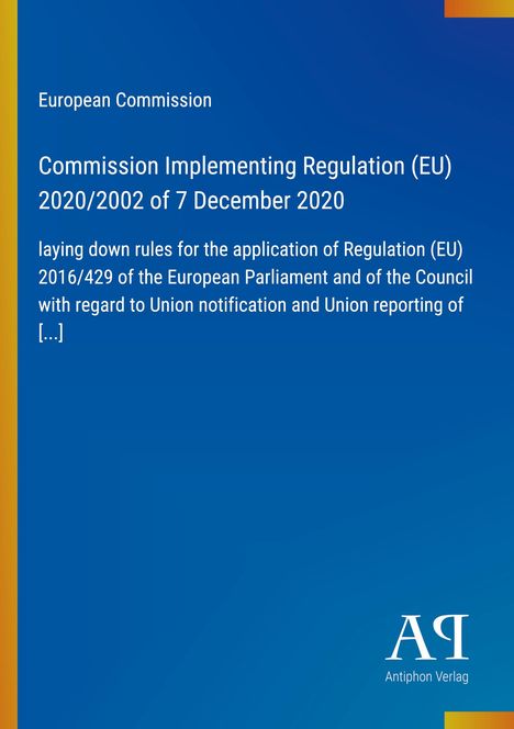 Text über EU-Verordnung von 2020. Blauer Hintergrund mit gelben und orangen Akzenten. Enthält ein Verlag-Logo.