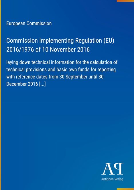 Text: "Commission Implementing Regulation (EU) 2016/1976 of 10 November 2016". Blaues Cover mit EU-Verweis.