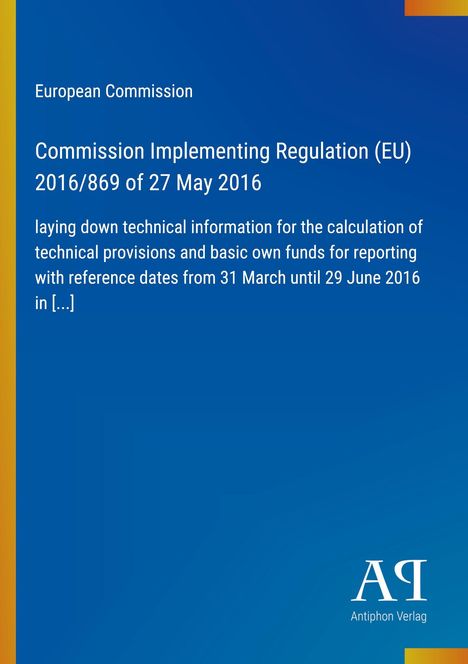 Europäische Kommission, Verordnung (EU) 2016/869, technische Informationen. Blauer Hintergrund mit gelbem Streifen.