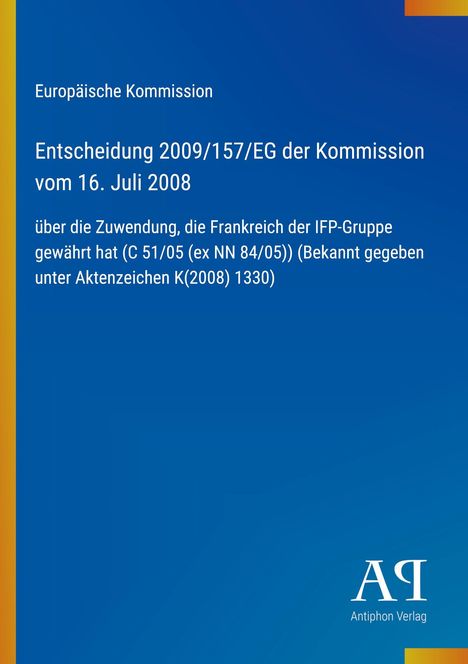 Blauer Hintergrund mit weißen Texten der EU über eine Entscheidung zur Zuwendung. Unten rechts ein weißes Logo.