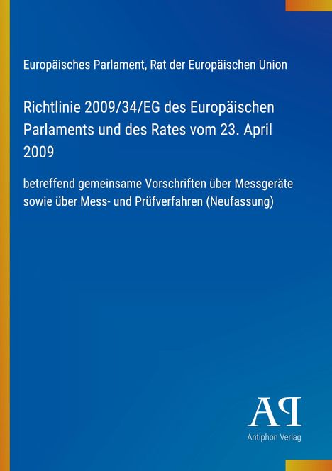 Text: Richtlinie 2009/34/EG, Europäisches Parlament, Vorschriften über Messgeräte. Unten rechts ist das Logo "AQ".