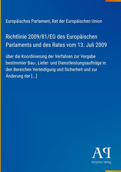Europäisches Parlament, Richtlinie 2009/81/EG zur Vergabekoordinierung in Verteidigung und Sicherheit. Blaues Design, Logo unten.