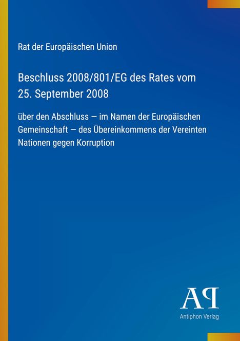 Titel: Beschluss 2008/801/EG des Rates. Blaues Cover mit gelbem Streifen und Verlagslogo.