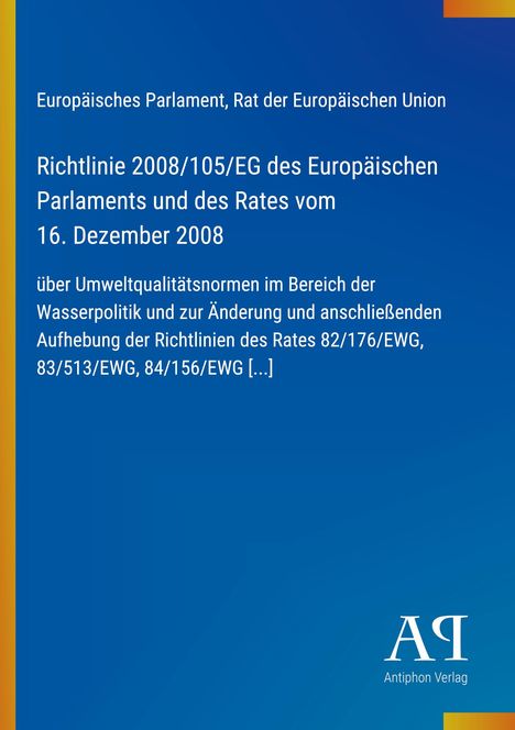 Richtlinie 2008/105/EG über Umweltqualitätsnormen. Blau mit gelbem Rand; weißer Text, Verlag unten.
