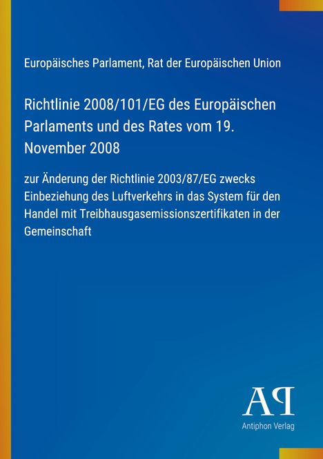 Text über Richtlinie 2008/101/EG des Europäischen Parlaments, blaues Design, orange-gelbe Ecken, Verlagssymbol unten.