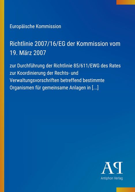 Text über eine EU-Richtlinie mit Datum und Detailangaben. Blaues Cover, gelber Rand, Verlag "Antiphon Verlag".