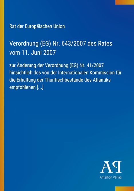Text über EU-Verordnung zur Änderung zugunsten der Thunfischerhaltung, blaues Design mit gelbem Rand und Verlagssignet.