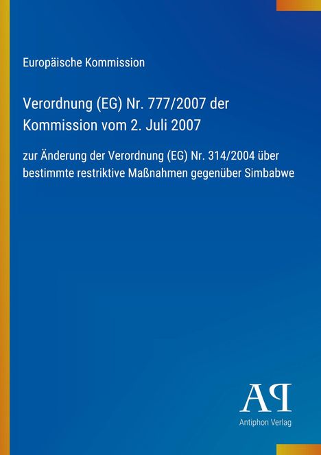 Text über EU-Verordnung zu Simbabwe, blaue Hintergr., gelbe Ecke, weißer Schriftzug Antiphon Verlag.