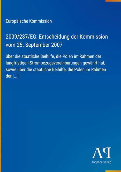 Europäische Kommission, Entscheidung der Kommission vom 25. September 2007, über staatliche Beihilfe für Polen. Unterer Bereich blau mit Logo.