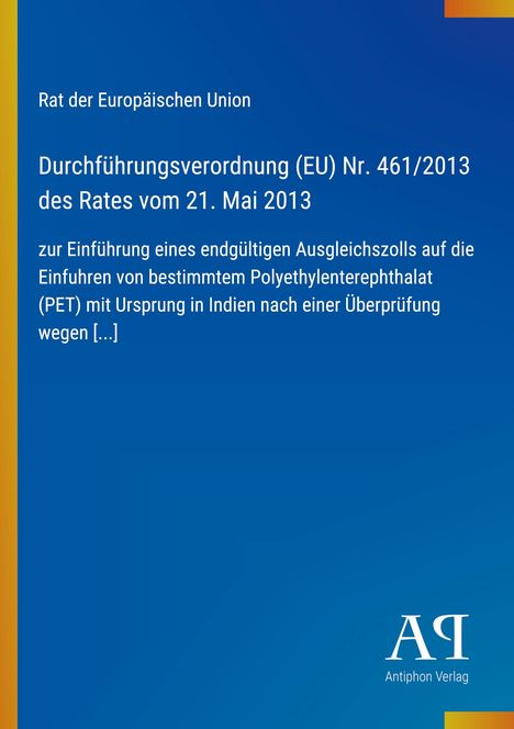 Titel: "Durchführungsverordnung (EU) Nr. 461/2013 des Rates vom 21. Mai 2013". Blaues Cover mit gelbem Rand.