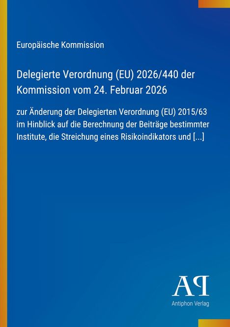 Text zur Delegierten Verordnung der EU, blaues Cover, gelber Streifen links, Antiphon Verlag Logo unten.