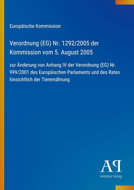 Text über EU-Verordnung zur Tierernährung, blaue Hintergrundfarbe, gelber Streifen links, Logo und Verlag unten rechts.