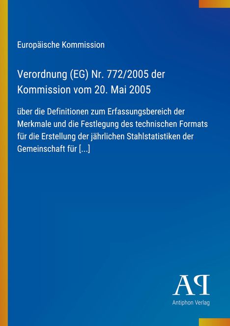 Europäische Kommission, Verordnung (EG) Nr. 772/2005, blauer Hintergrund, vertikaler gelber Streifen links.