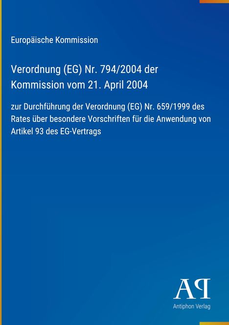 Der blaue Hintergrund zeigt Text zur Verordnung der Europäischen Kommission und ein Logo des Antiphon Verlags unten.